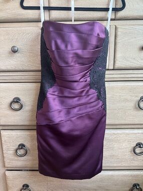 David's Bridal Plum Strapless Satin Mini Dress with Black Lace Sides